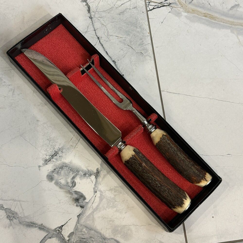 Vintage HOFFRITZ Made in England 2 Piece STAG HANDLE Carving Set NEW IN BOX